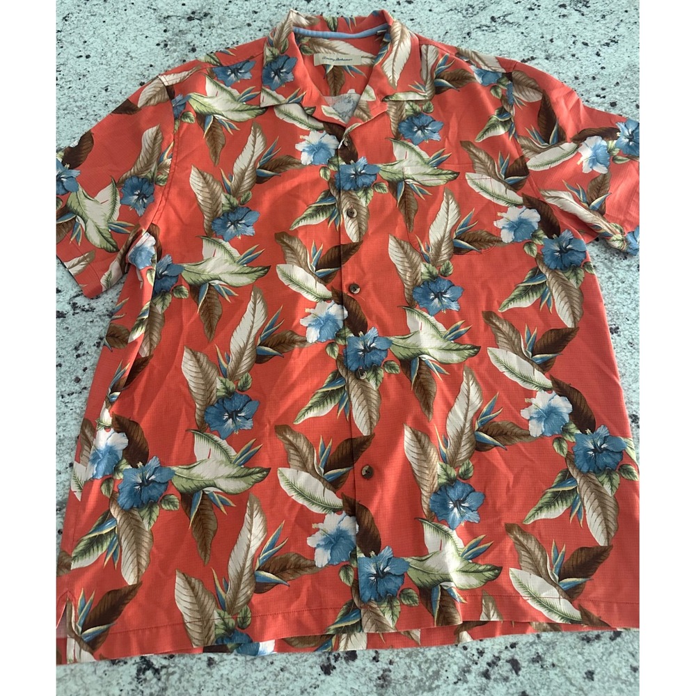 Tommy Bahama Tropic Isles IslandZone Silk Blend Camp Shirt Coral Floral Mens XXL